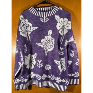 Vintage Glamour Knit‎ Purple Silver Pullover Floral Sweater Size 23x26